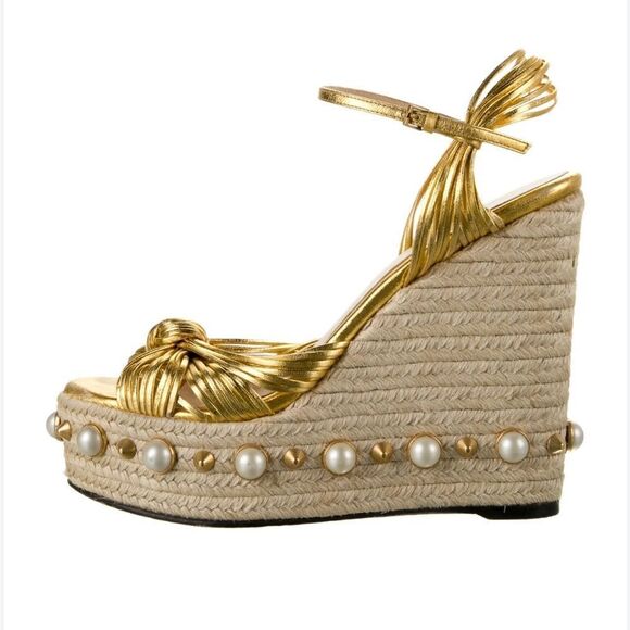 Gucci Barbette Knotted Leather Gold Metallic Pearl Platform Wedge Sandals - Picture 2 of 15